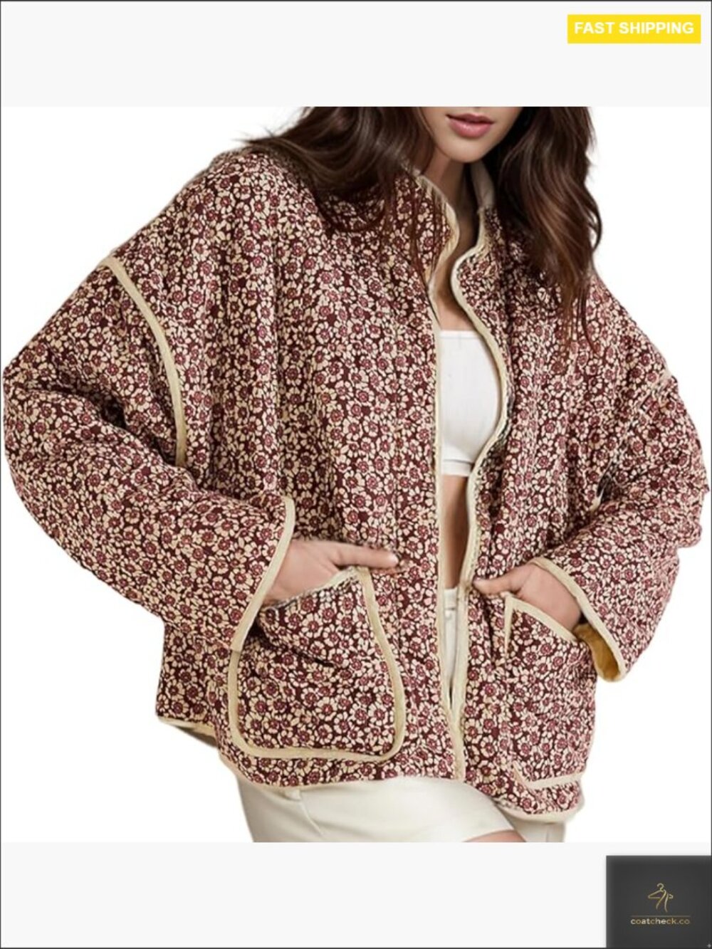 Quilted Floral Puffer Jacket in Burgundy with Cream Trim